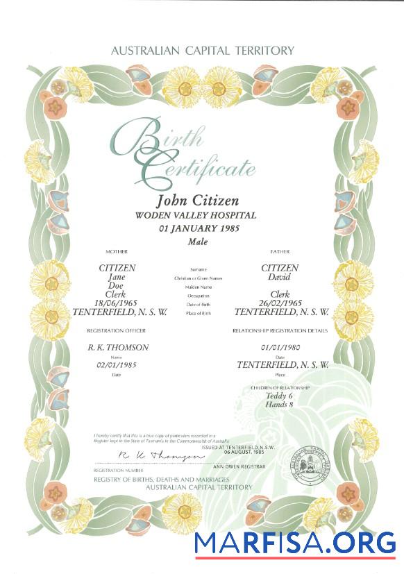 Printable Australia Australian Capital Territory decorative (commemorative) birth certificate template in PSD format
